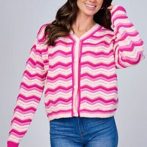 B17 LONG SLEEVE BUTTON CLOSURE COLORBLOCK STRIPES KNIT SWEATER CARDIGAN PINK NEW
